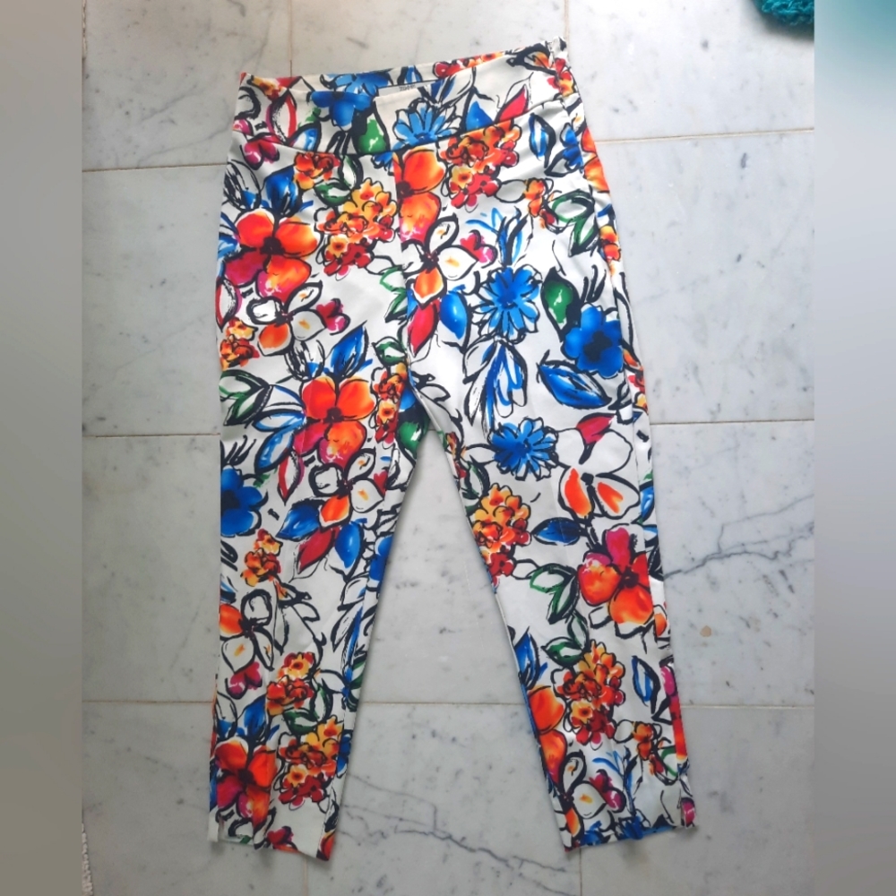 Hilary Radley for Katherine Barclay white floral vibrant pants XS
